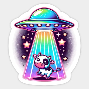 Kawaii Neon Ufo Abducting Cute Chibi Cow Sticker